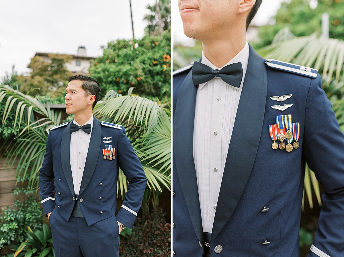 The groom wearing his Air Force uniform for the wedding ceremony at Villa & Vine in Santa Barbara, California for his Villa & Vine Wedding day