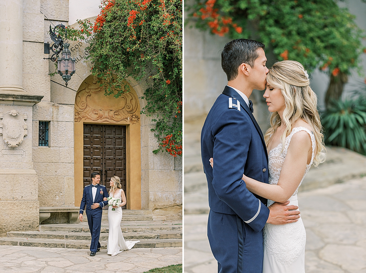 The couple walking arm in arm away from the Santa Barbra Courthouse. And a second image of the groom kissing his bride on the forehead while giving her a hug.