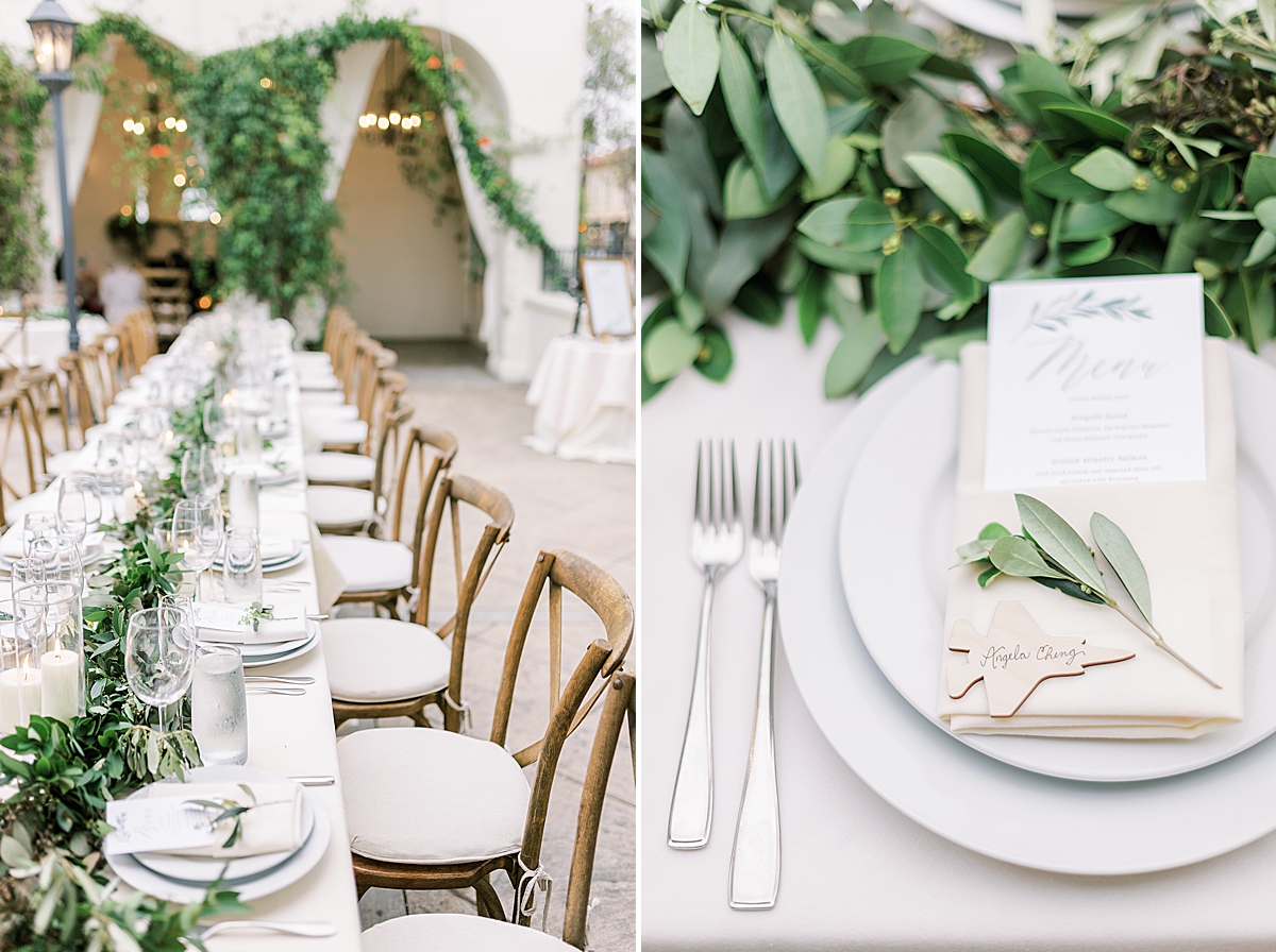 A close up of a guests place setting, and a second image of the long family tables.