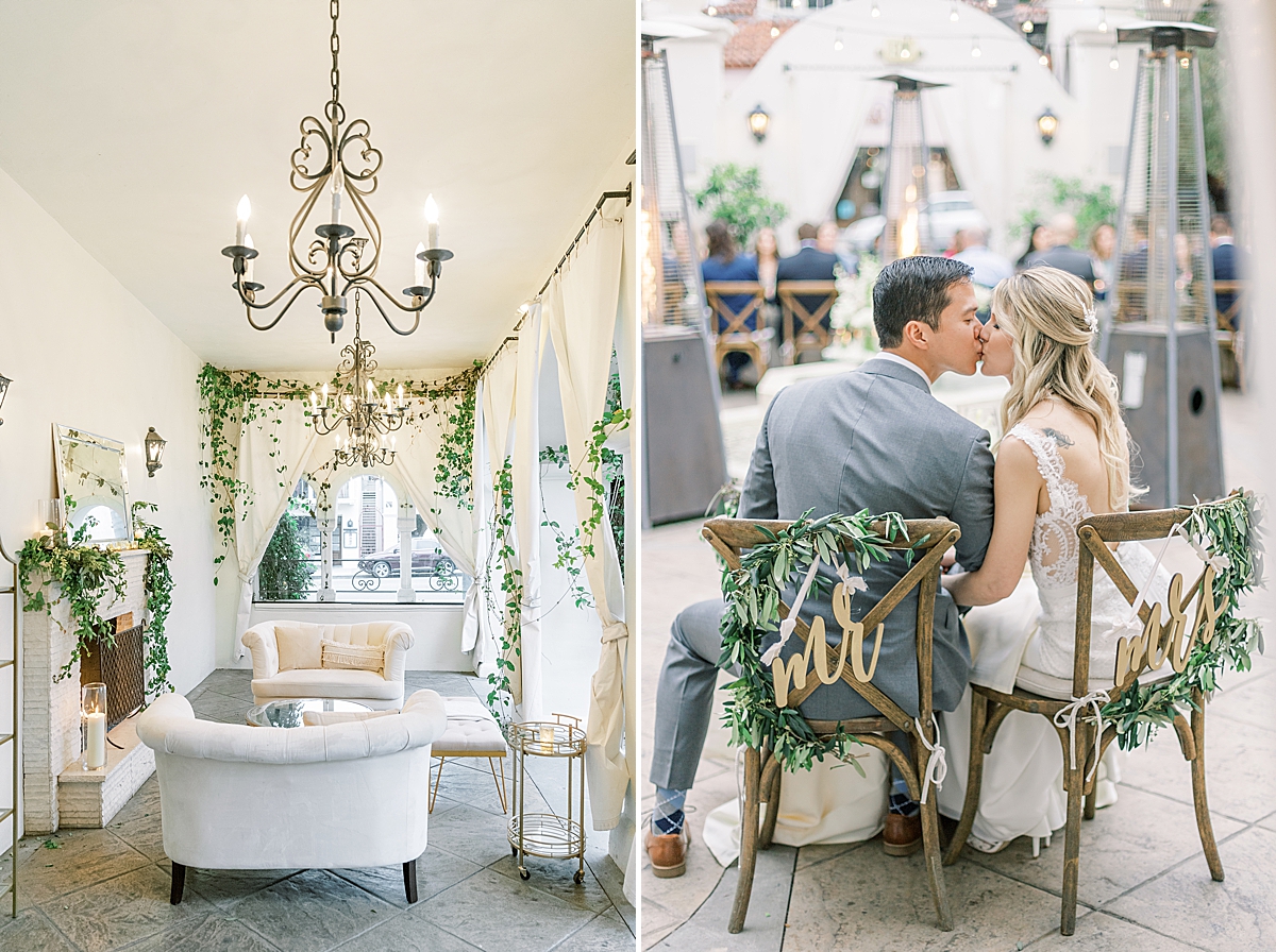 An image of reception decor at the couple's Villa & Vine Wedding. A second image of the bride and groom sharing a kiss while sitting at their sweetheart table.