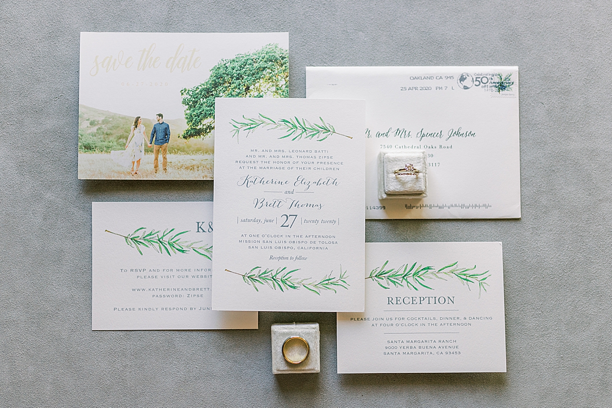 The couples invitation suite inviting guests to their San Luis Obispo Mission wedding.