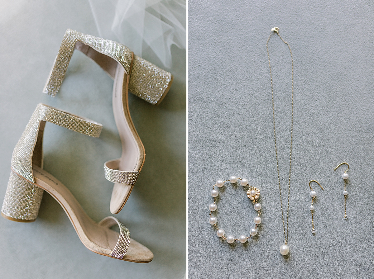 The bride's heels and a second image of the bride's grandmother's pearl necklace, earrings, and bracelet that she will wear during their San Luis Obispo Mission wedding.