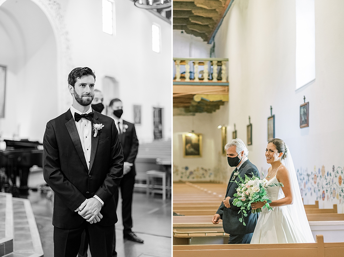 The bride and groom seeing each other for the first time during their San Luis Obispo Mission wedding ceremony.