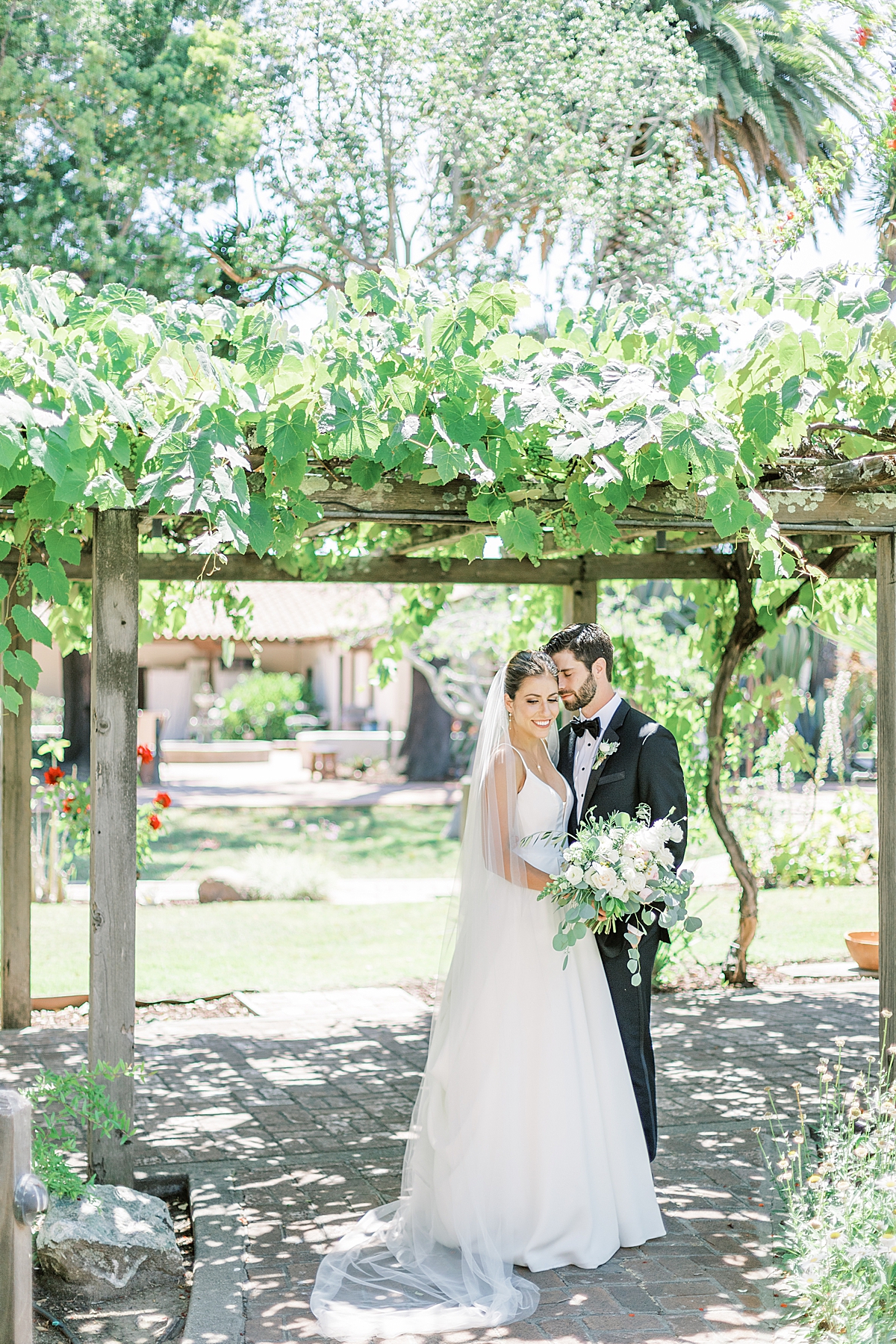 The newlyweds standing underneath a trellis covered in vines on the grounds of the Mission in San Luis Obispo.