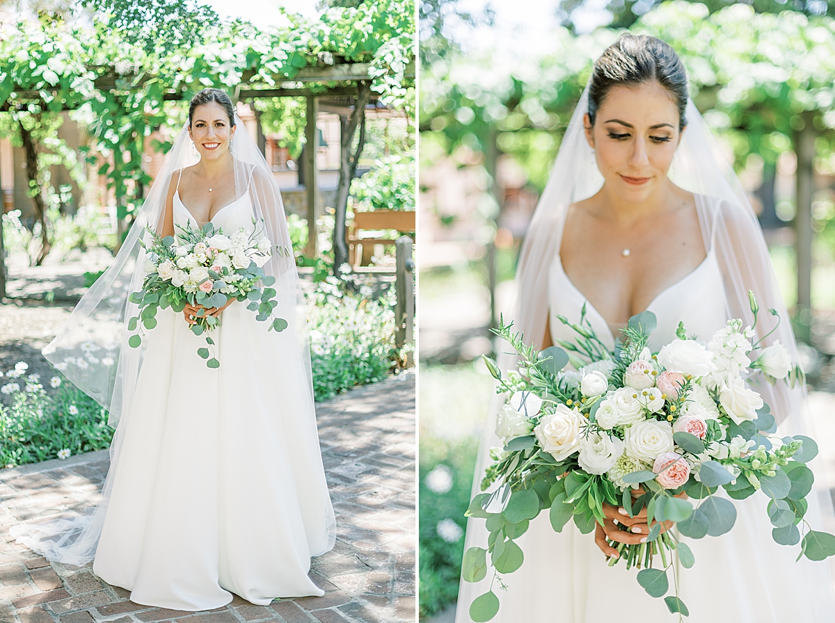 Portraits of the bride with her bouquet on the grounds of the Mission in San Luis Obispo.