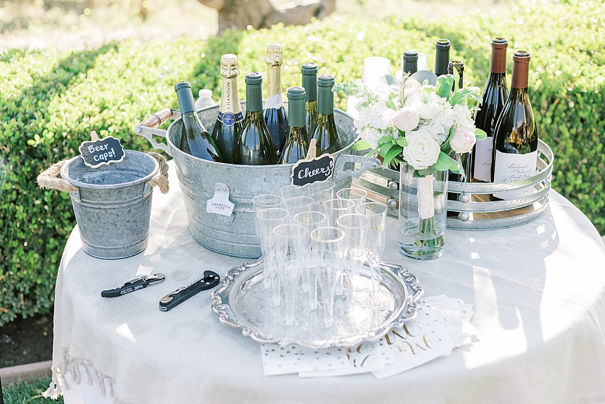 The drink station at the couple's wedding reception after their San Luis Obispo Mission wedding.