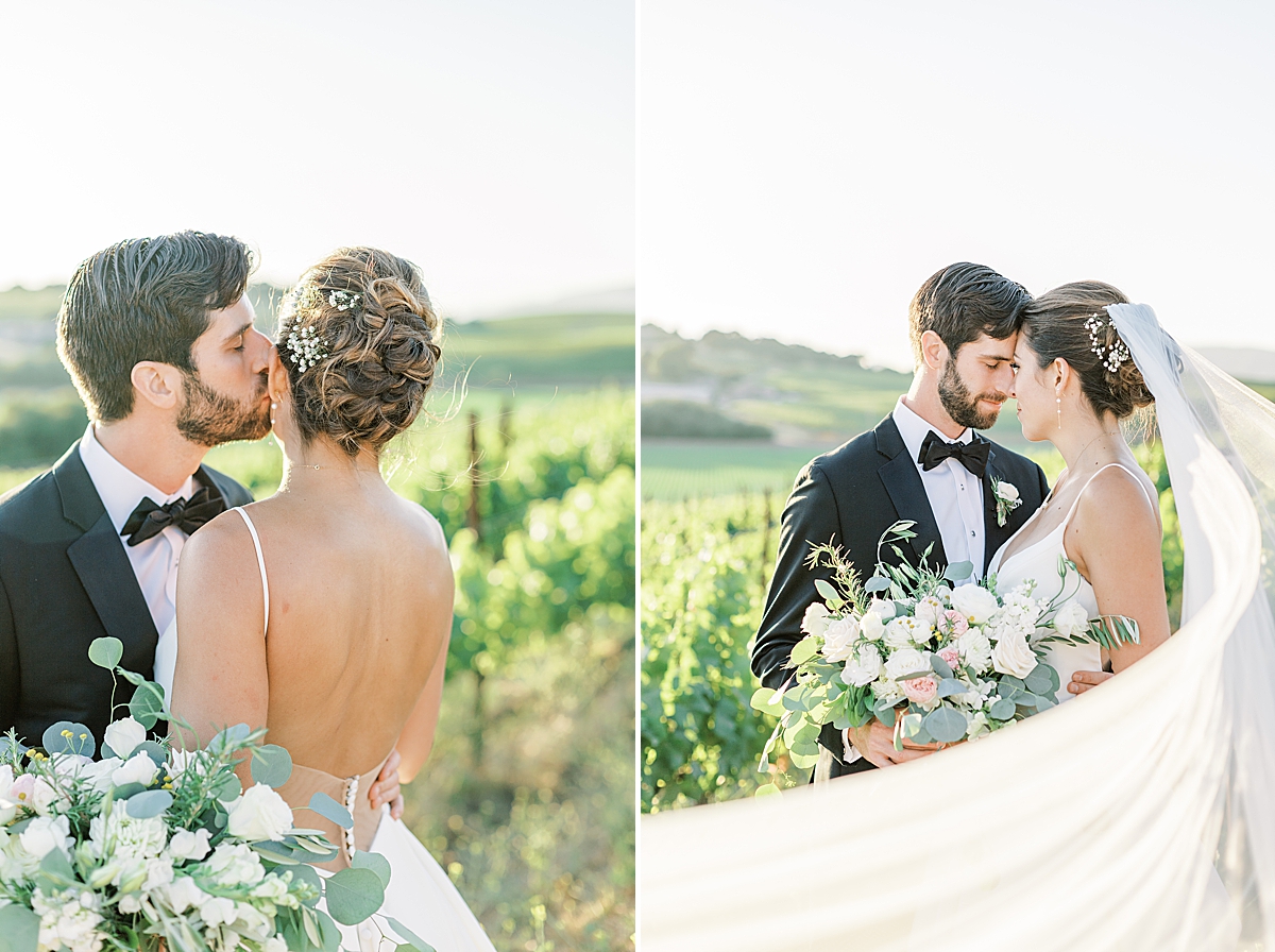 An image of the groom kissing his wife on the cheek. And a second image of the couple touching foreheads together as their eyes close during their San Luis Obispo Mission wedding.