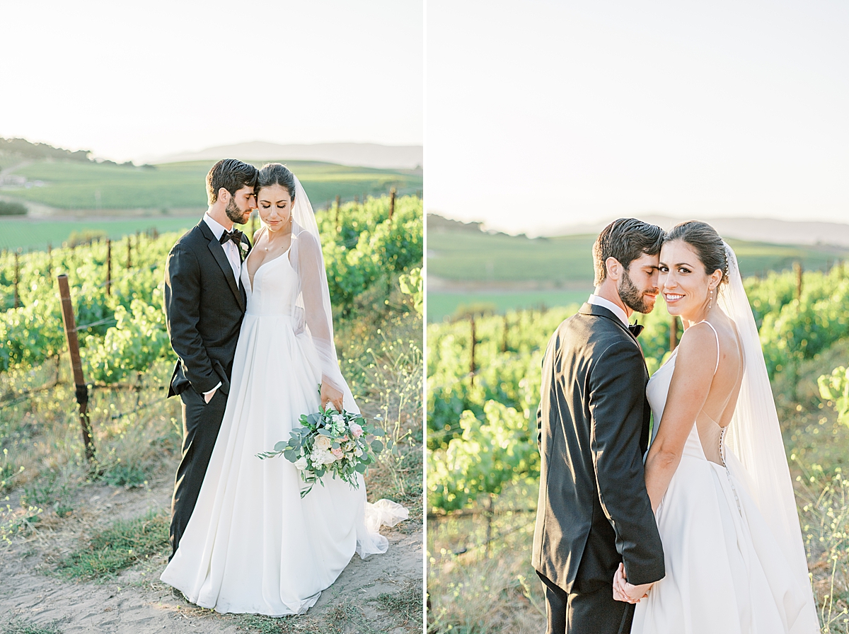 The groom nuzzling his hand in close to his bride's face and a second image of the bride smiling at the camera as the groom smiles at her.