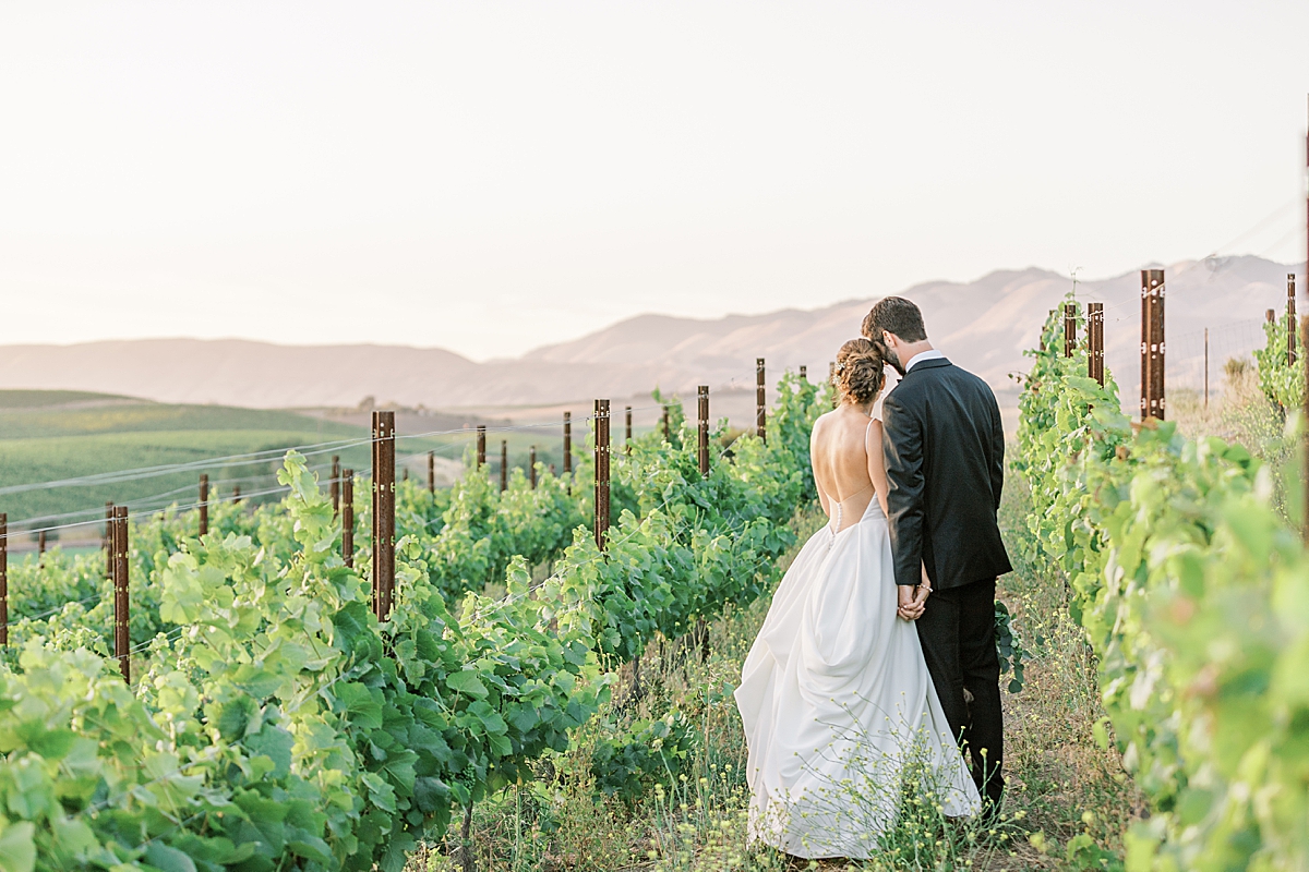 The couple sharing a peaceful moment being present with each other as they stand between the vines with the mountains in the distance at their San Luis Obispo Mission wedding