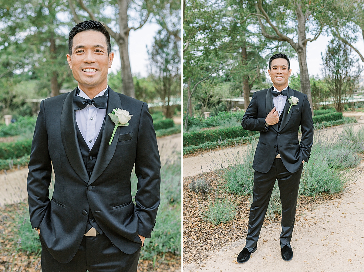 The groom smiling at the camera on the day of his Montecito Church Wedding.