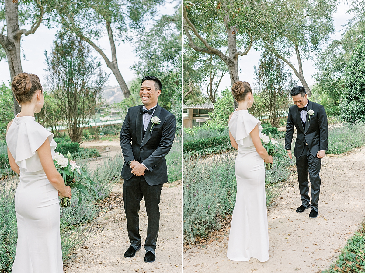 The couple seeing each other for the first time at Westmont College just during their Montecito Church Wedding.