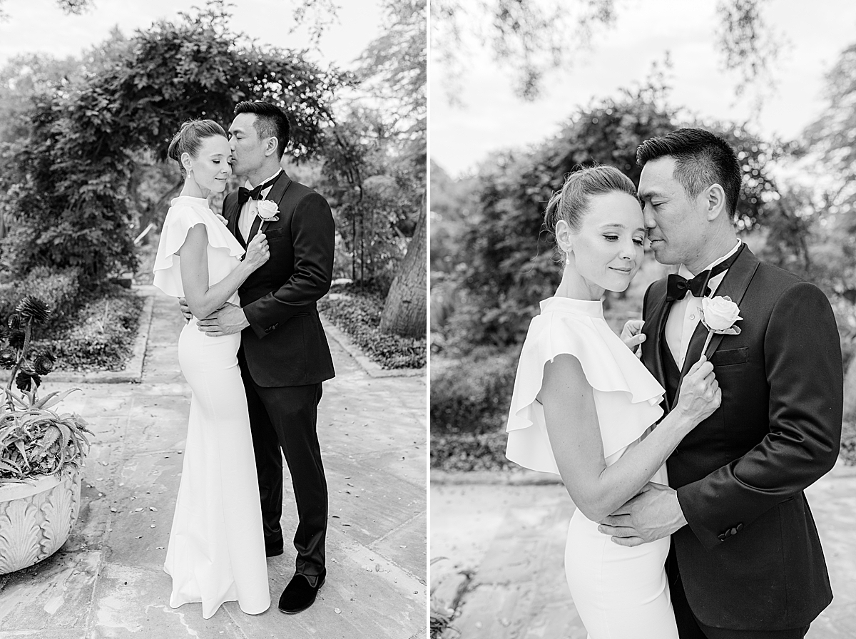 Black and white photos of the groom kissing his brides temple as she smiles down.