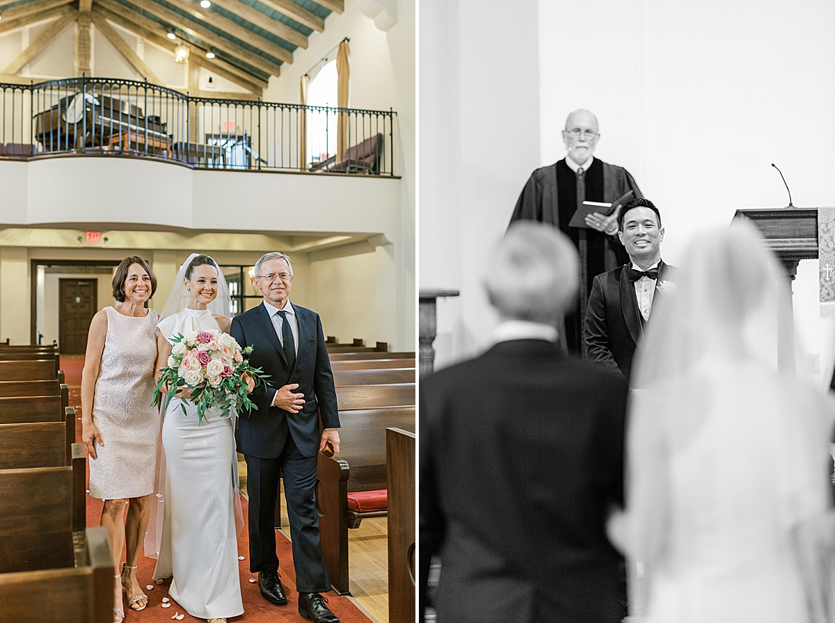 The bride walking down the aisle with her parents and her groom's reaction to seeing her at their Montecito Church Wedding.