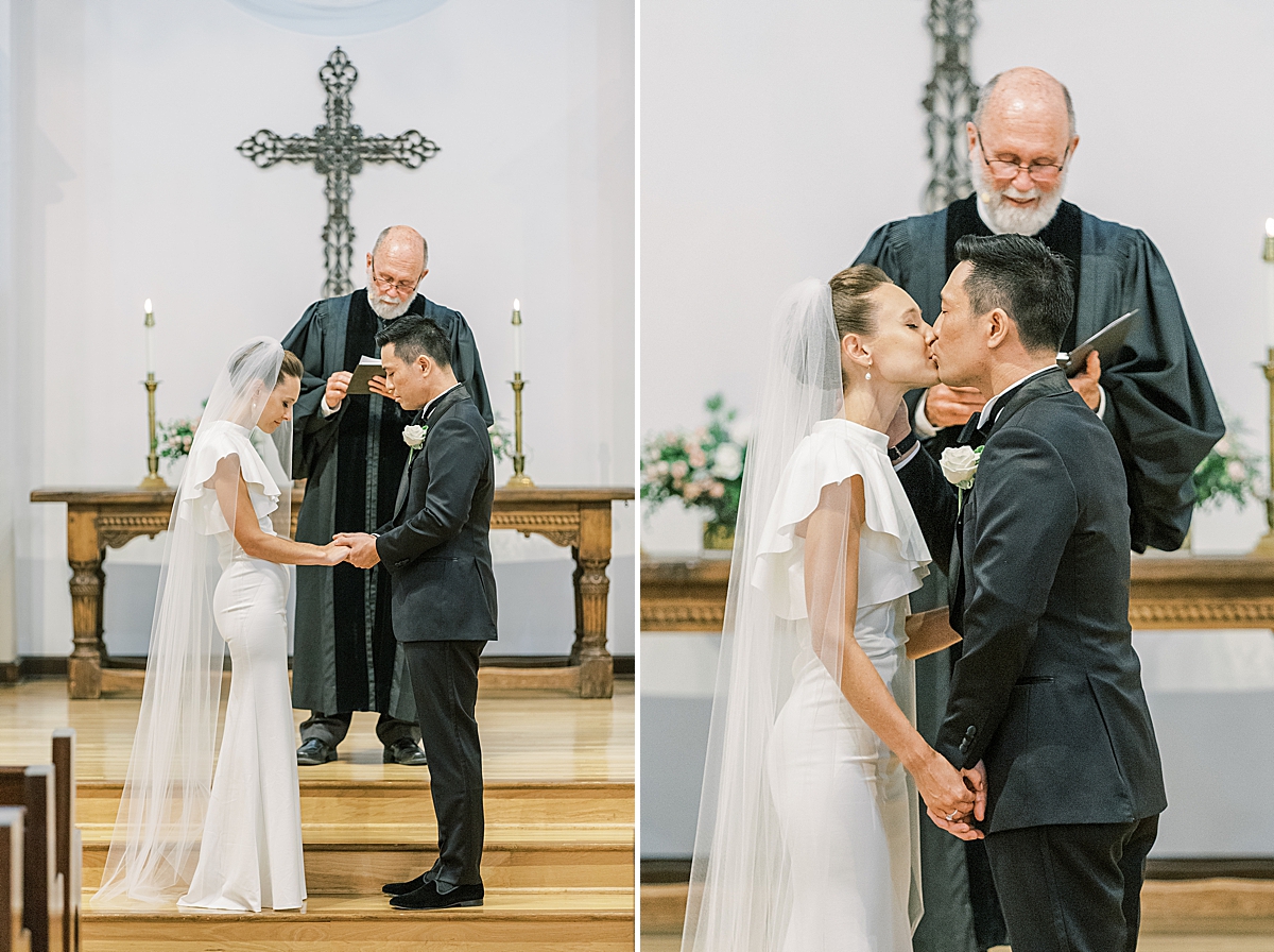 The couple's final prayer of the ceremony and their first kiss as husband and wife