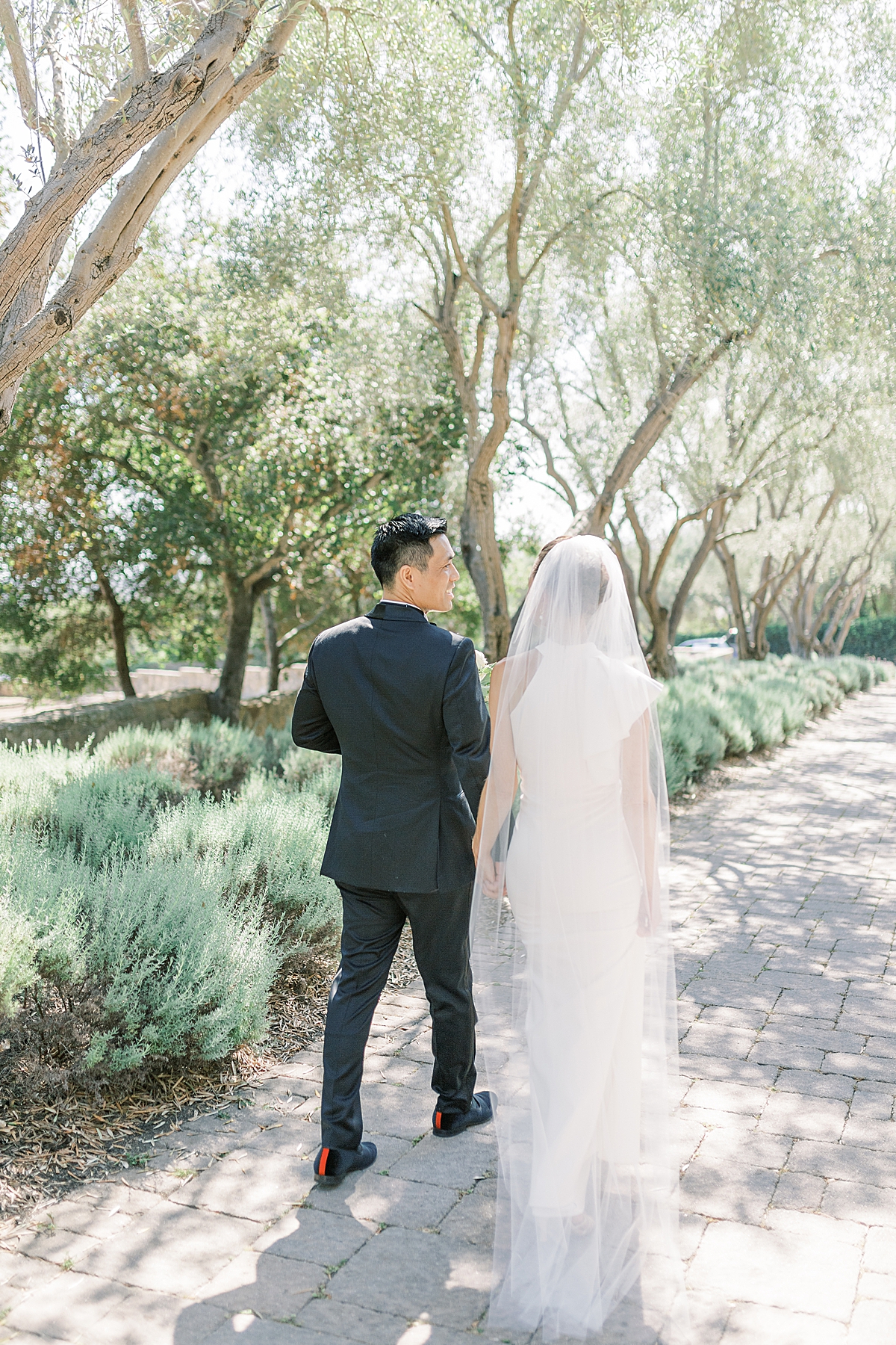 The couple holding hands and walking away down a path lined with olive trees at the San Ysidro Ranch after their Montecito Church Wedding