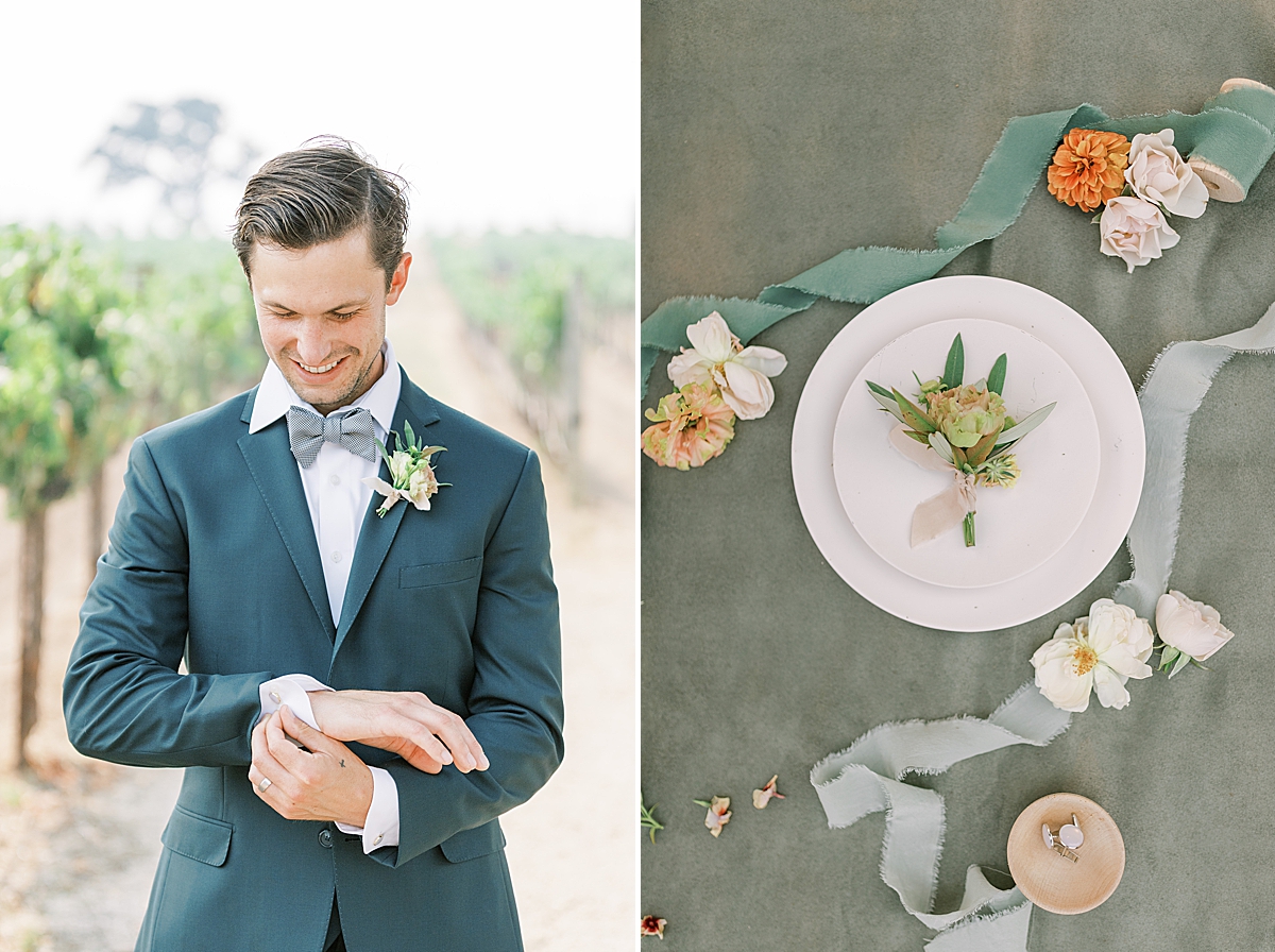 The groom adjusting his cuff links, and a second image of his boutonniere before he puts it on.