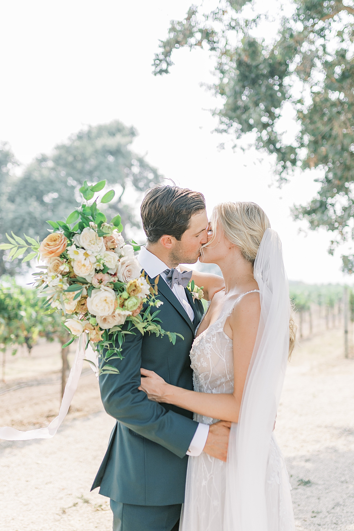 The couple sharing a kiss under the oaks and in front of a vineyard. 