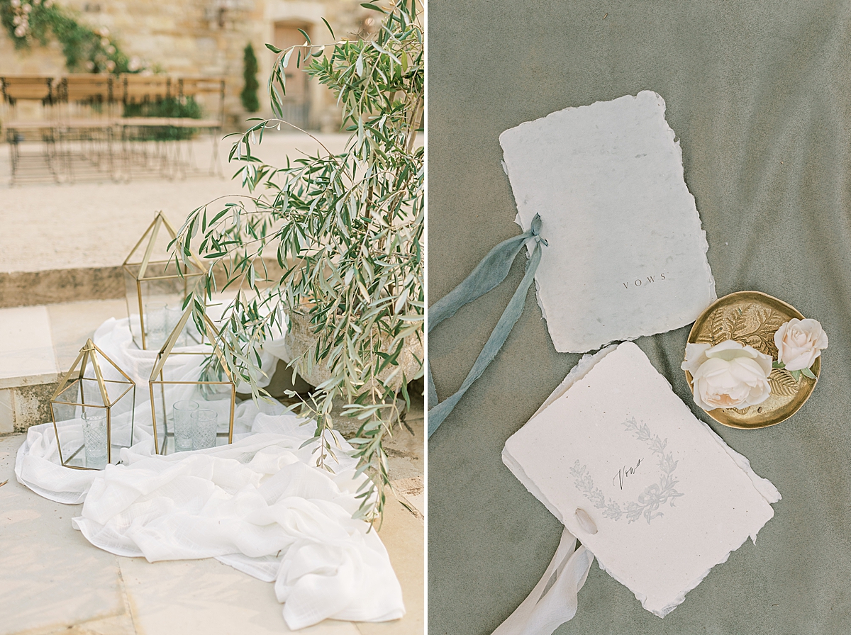 Details around the ceremony space at this Sunstone Villa Wedding editorial. And a second image of the couple's vow books.