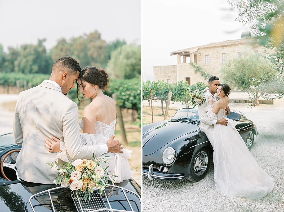 The bride showing off her dress while leaning against the vintage car at this Sunstone Villa Wedding editorial.