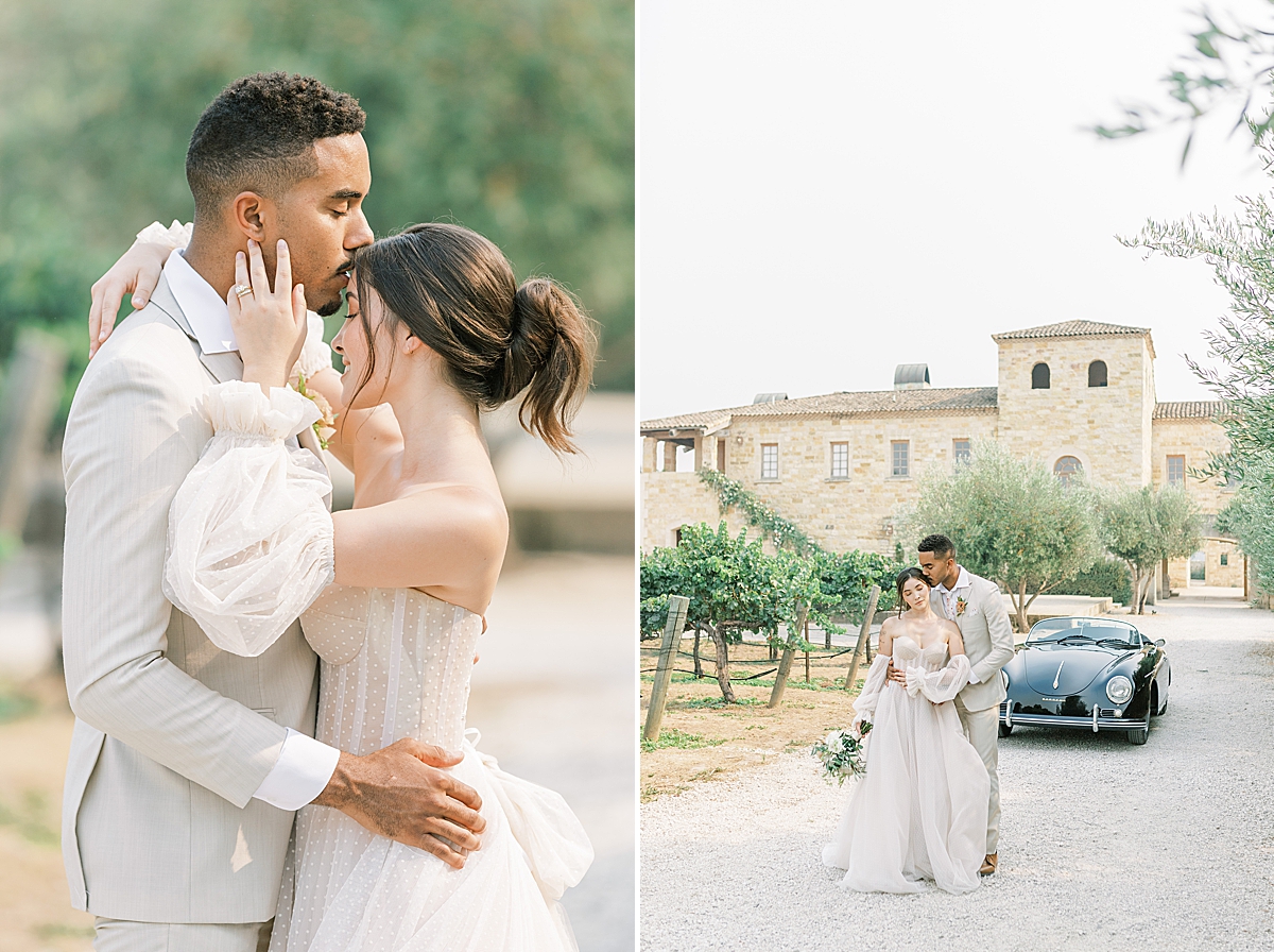Luke kisses Miya's forehead and wraps his arms around her body. A second image of the couple standing in front of the vintage car at this Sunstone Villa Wedding editorial.