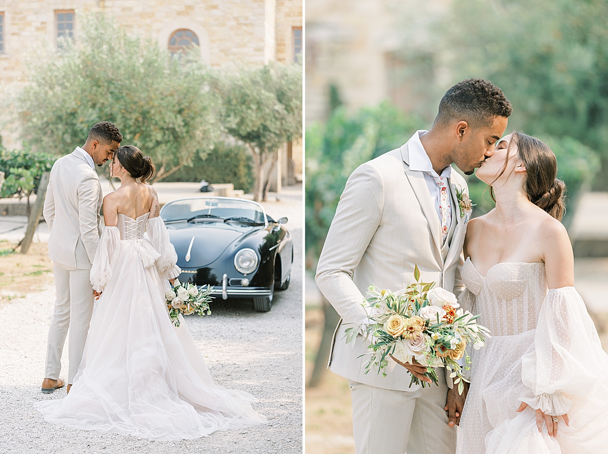 The couple shares a kiss while standing in front of the vintage car parked in the driveway at this Sunstone Villa Wedding editorial.