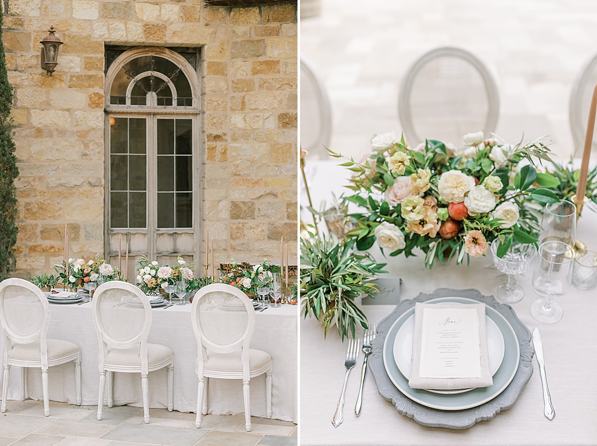 An image of the reception table framed against a large window in the Sunstone Villa, and a second image of a place setting on the reception table with the floral arrangement in front of it at this Sunstone Villa Wedding editorial.