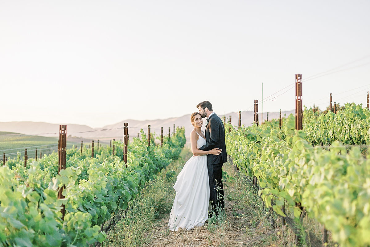 A couple sharing a special moment on their wedding day at the vineyards.