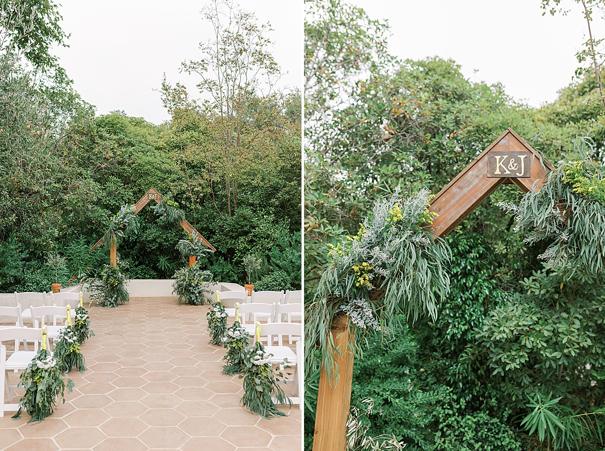 The ceremony space and altar covered in greenery.