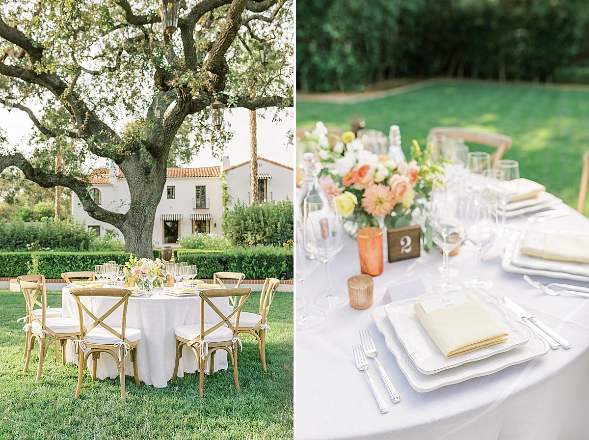 Details and place settings on a reception table in the backyard of this private estate wedding in Ojai, California