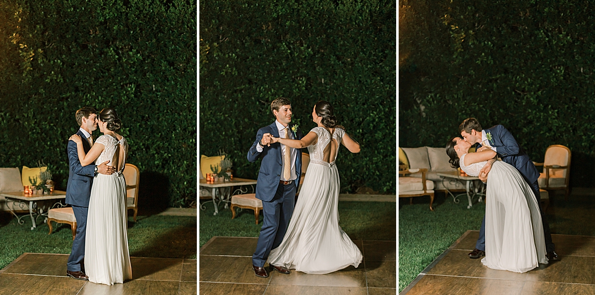The couple sharing their first dance at their private estate wedding in Ojai, California