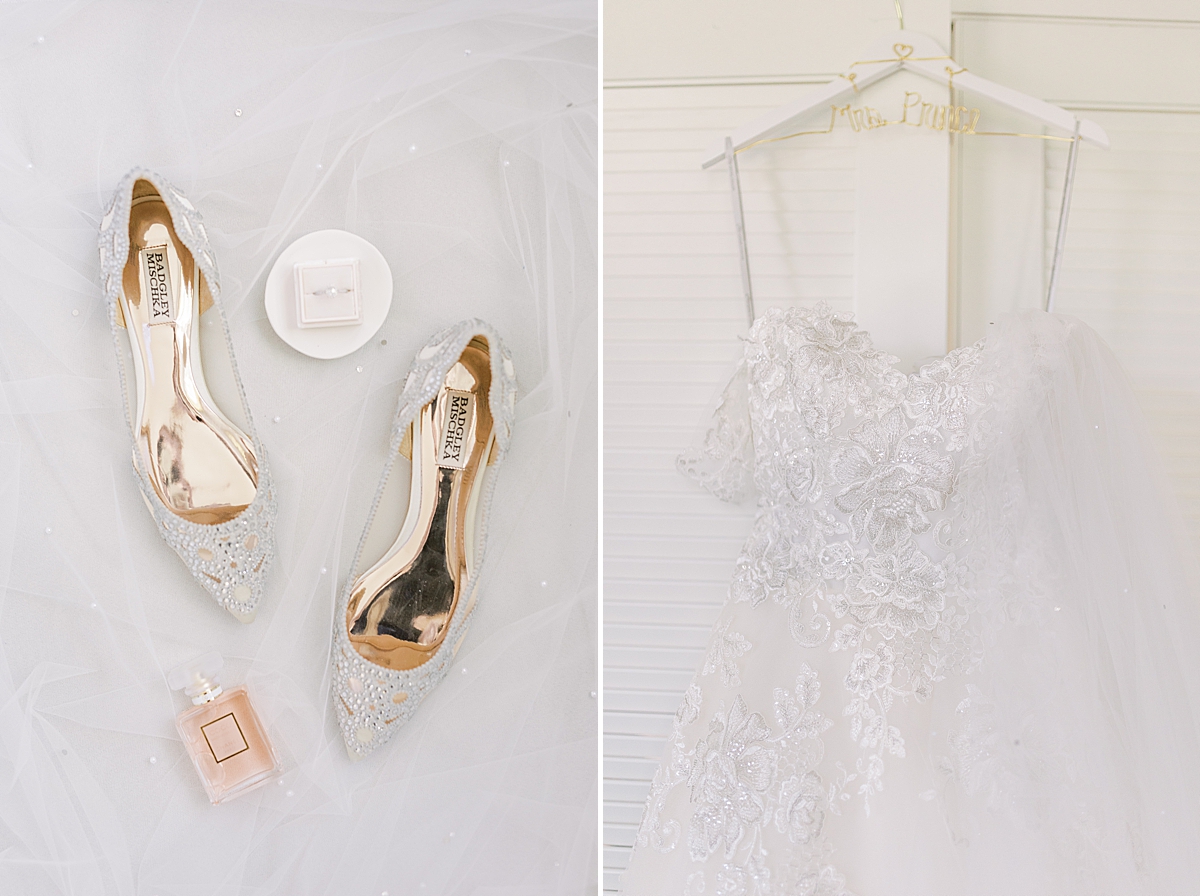 The bride's bridal shoes, perfume, ring and in a second image her dress