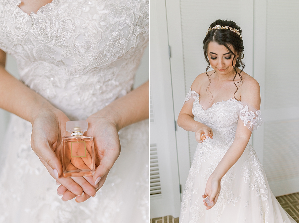 Sofia spraying perfume on her arm and a second image of the bride showing off her perfume bottle before her Ancient Spanish Monastery Wedding