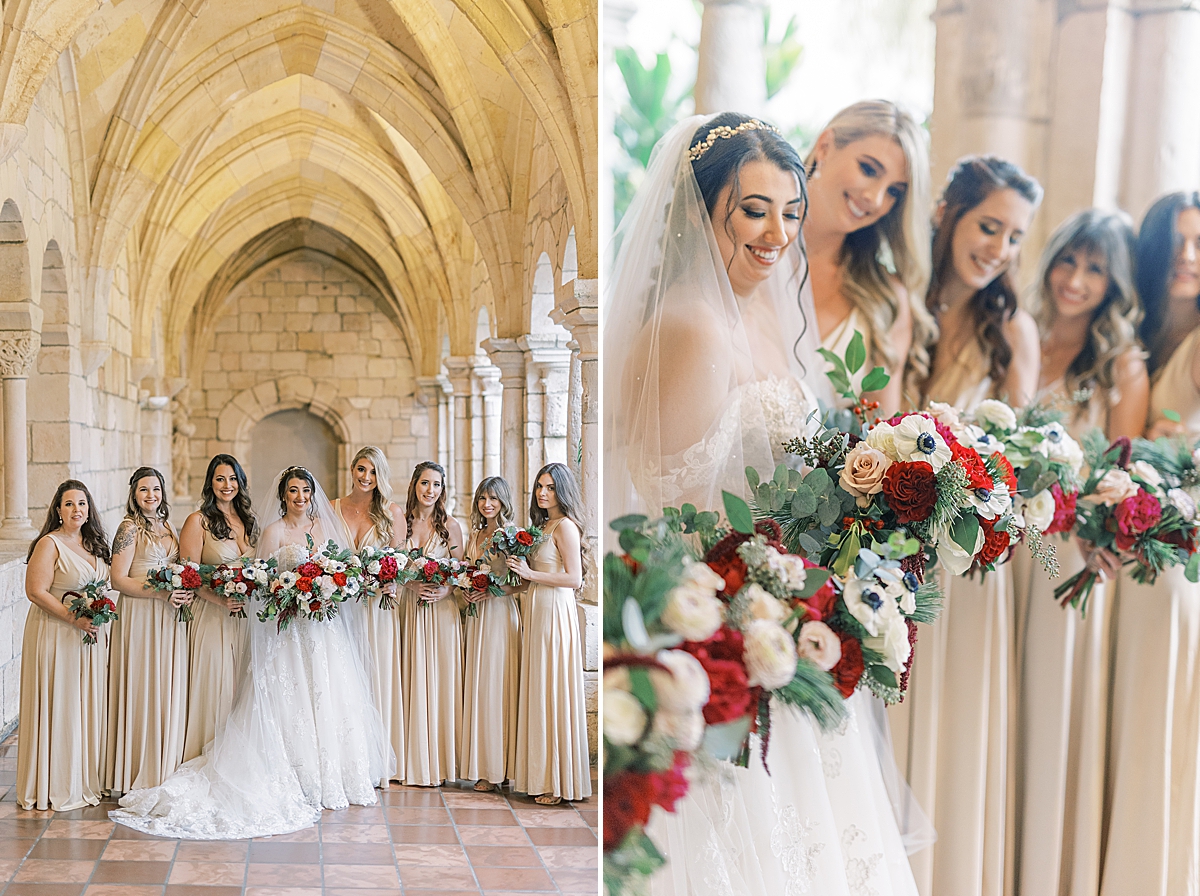 The bride and her bridesmaids holding their bouquets in the halls of their Ancient Spanish Monastery Wedding venue.