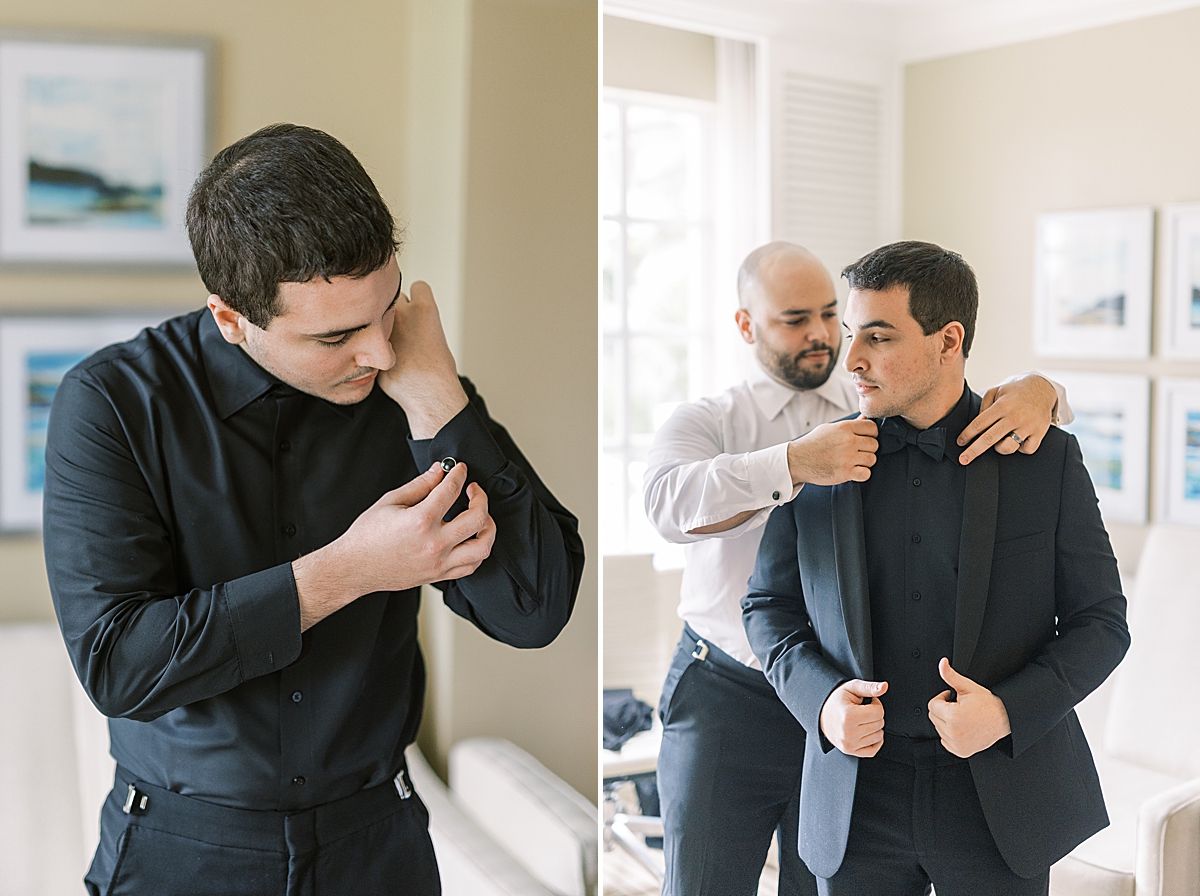 Joey putting on his cuff links and a second image of Joey's brother helping him put on his tux jacket.
