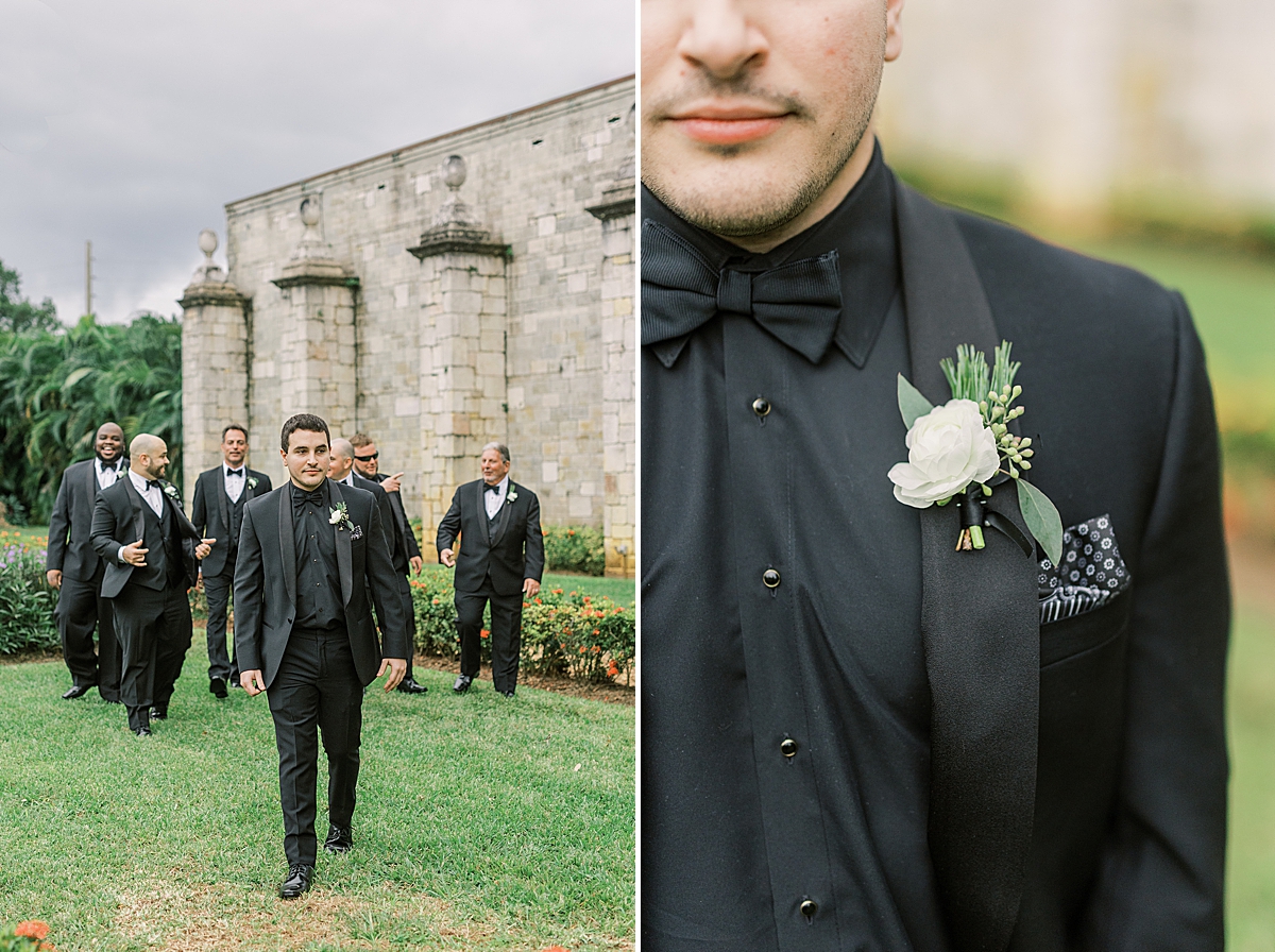 Joey walking in front of his groomsmen at their Ancient Spanish Monastery Wedding venue