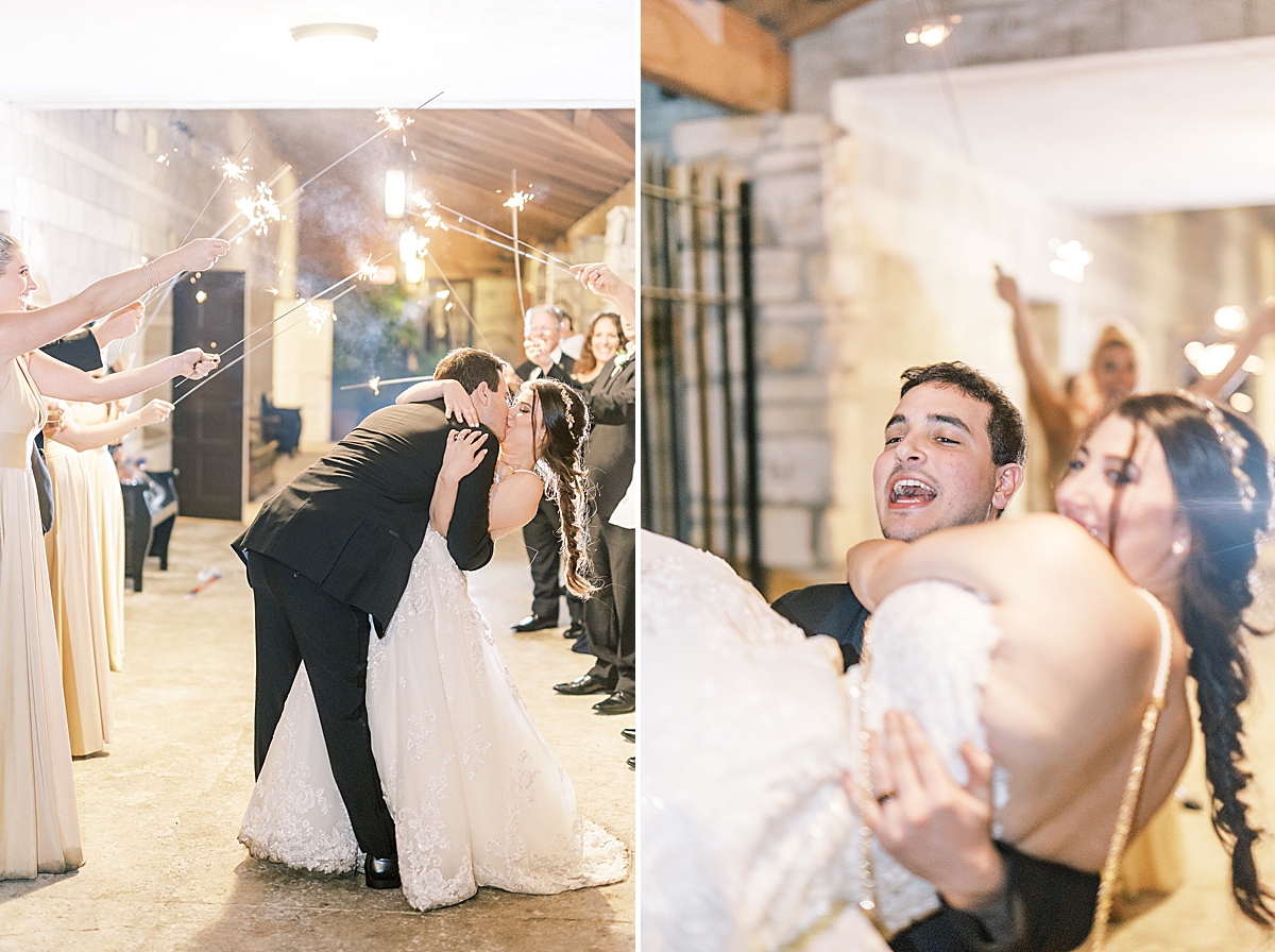 The couple sharing a kiss under the sparklers held by their loved ones. A second image of Joey holding his bride as they run to their getaway car during their Ancient Spanish Monastery Wedding