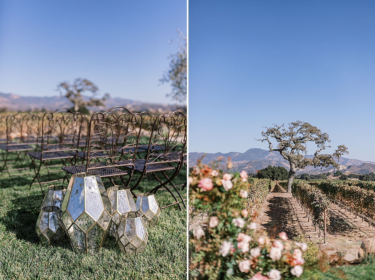 Ceremony decor and a second image of an oak tree in between rows of vineyards at Rodney's Vineyard, one of seven Santa Ynez Wedding Venues Jocelyn & Spencer love to photograph.