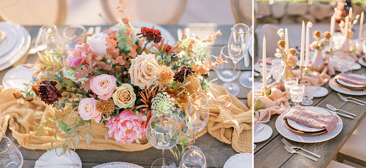 A reception table with pink, orange, and soft yellow florals. A second image of place settings and long stemmed candles on a reception table at Rodney's Vineyard.