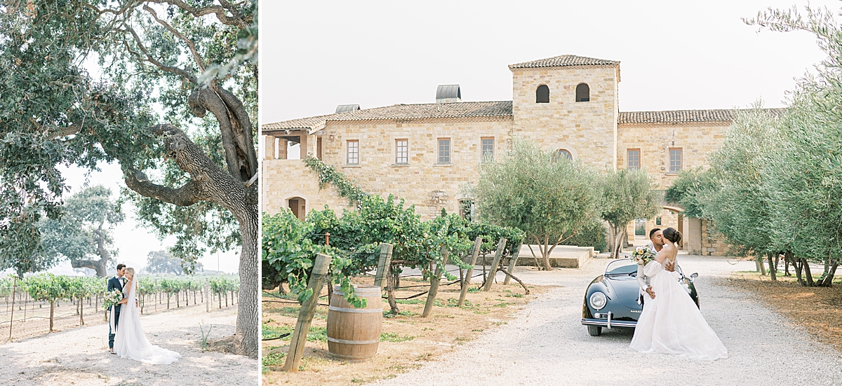 A bride and groom under a large oak tree surrounded by vineyards at the Sunstone Winery. A second image of a bride and groom standing in the driveway lined with olive trees as the Villa looms behind them.