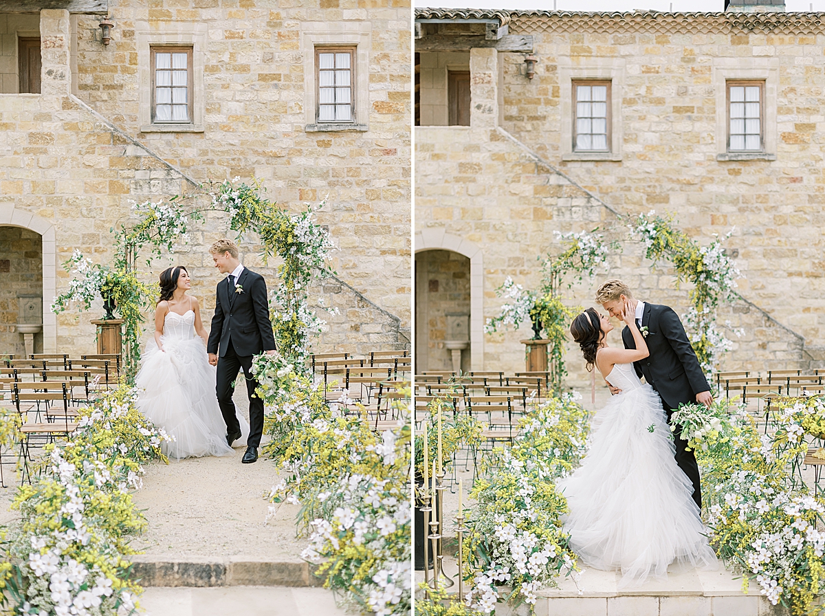 The couple walking down the aisle holding hands and a second image of the couple sharing a kiss at the end of the aisle as he dips her slightly at their Yellow & Black Micro-Wedding