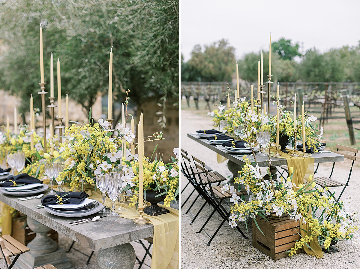 The couple's reception table at their yellow & Black Micro-Wedding at the Sunstone Winery