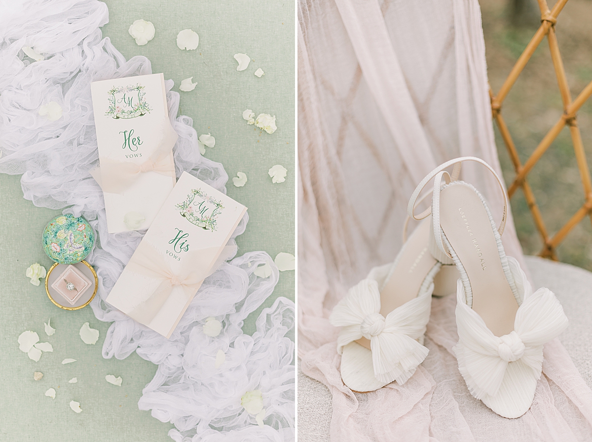 Personalized vow books for the couple's Southern California Winery Wedding and a second image of the bride's wedding heels with a white bow near the toes.