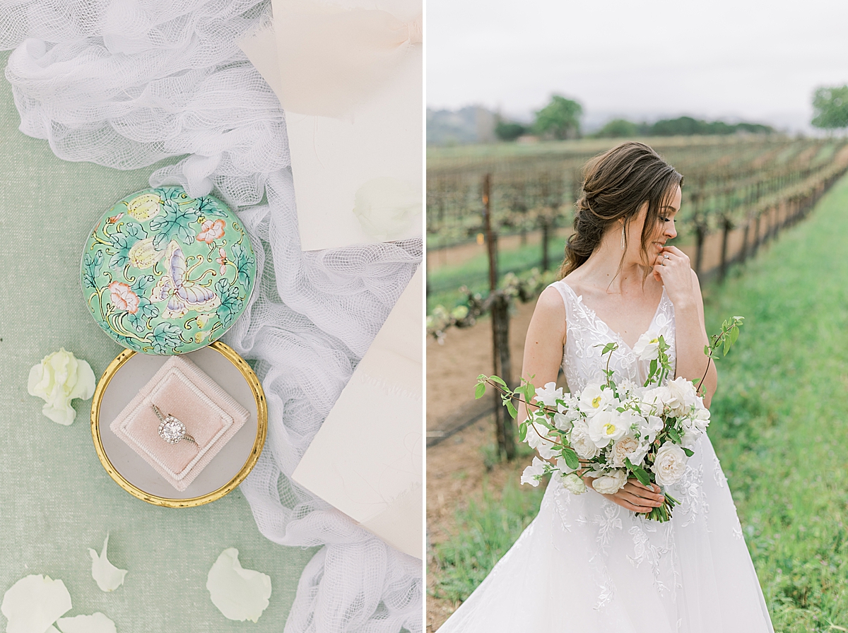 The bride's ring in a ring box and a second image of the bride standing alone in the vineyards looking over her shoulder towards the ground.