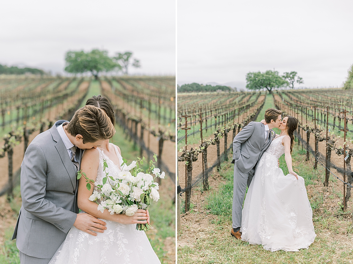 The groom kissing his bride's shoulder. A second image of the bride being dipped while kissing her groom in the vineyards at their Southern California Winery Wedding