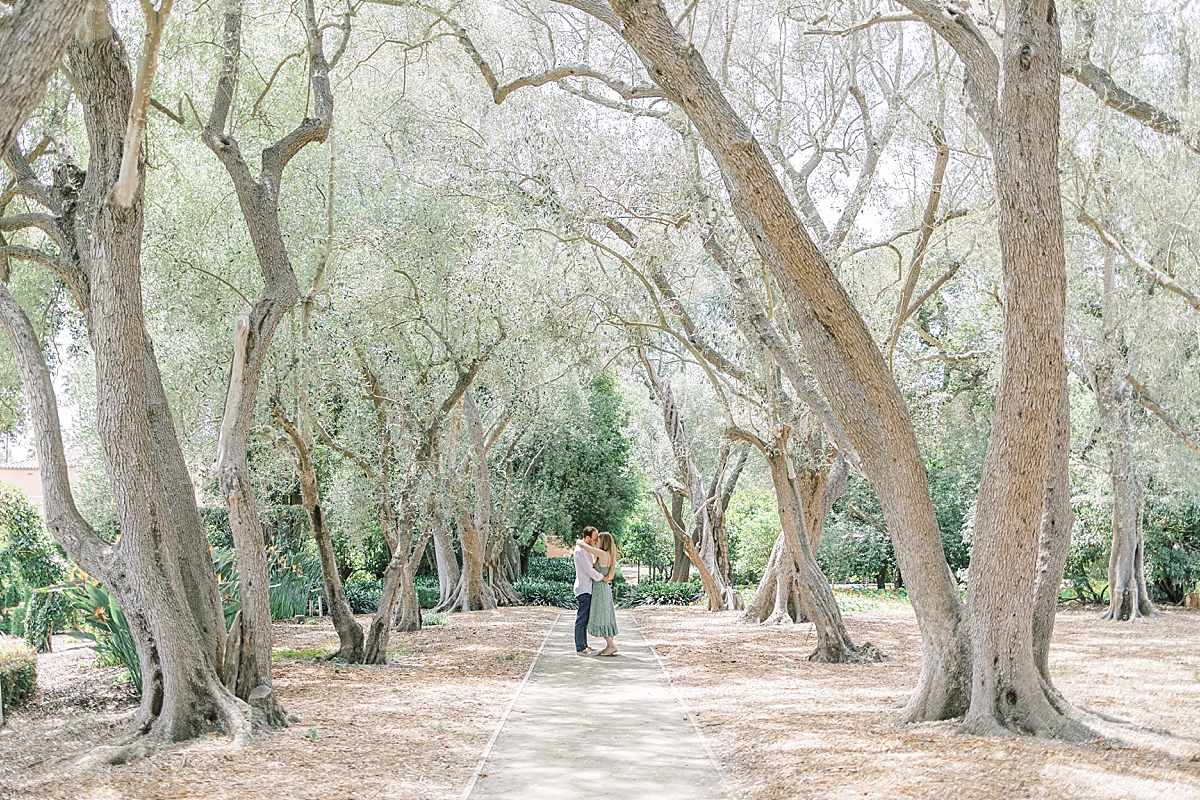 Justine & Alex under the canopy of olive trees at their Montecito proposal at Lotusland