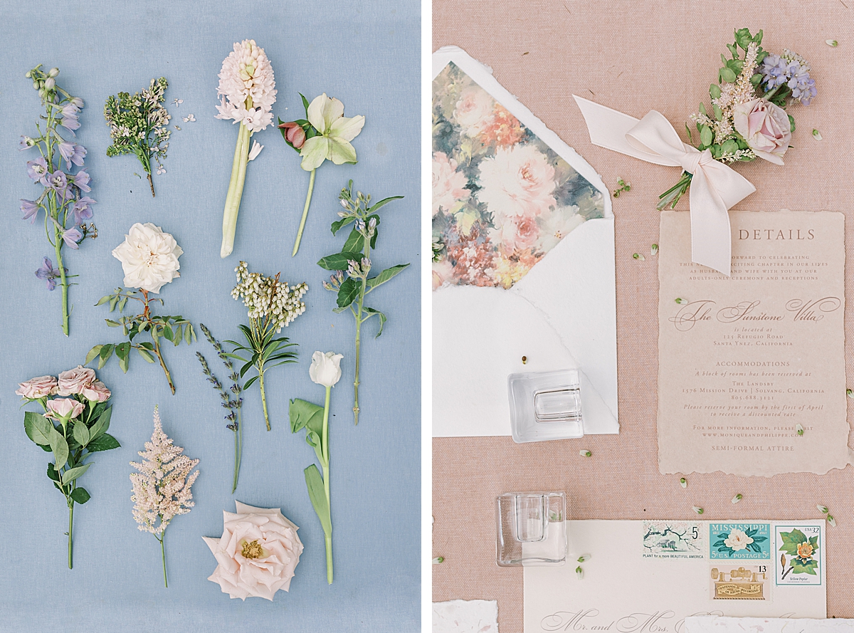 Different florals used in the bouquets surrounding the couple's Sunstone Winery wedding. A second image of the couple's invitation suite. 