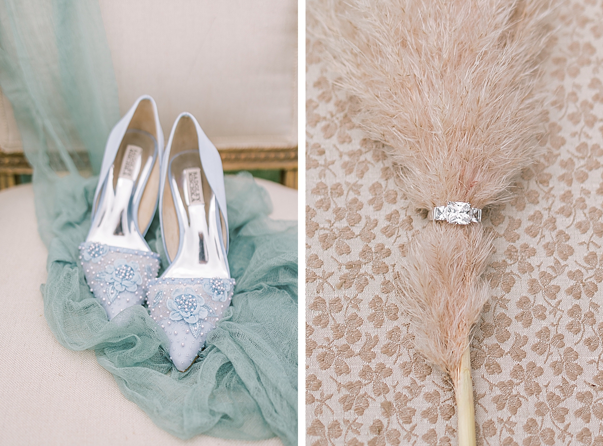 The bride's heels and a second image of her engagement ring.