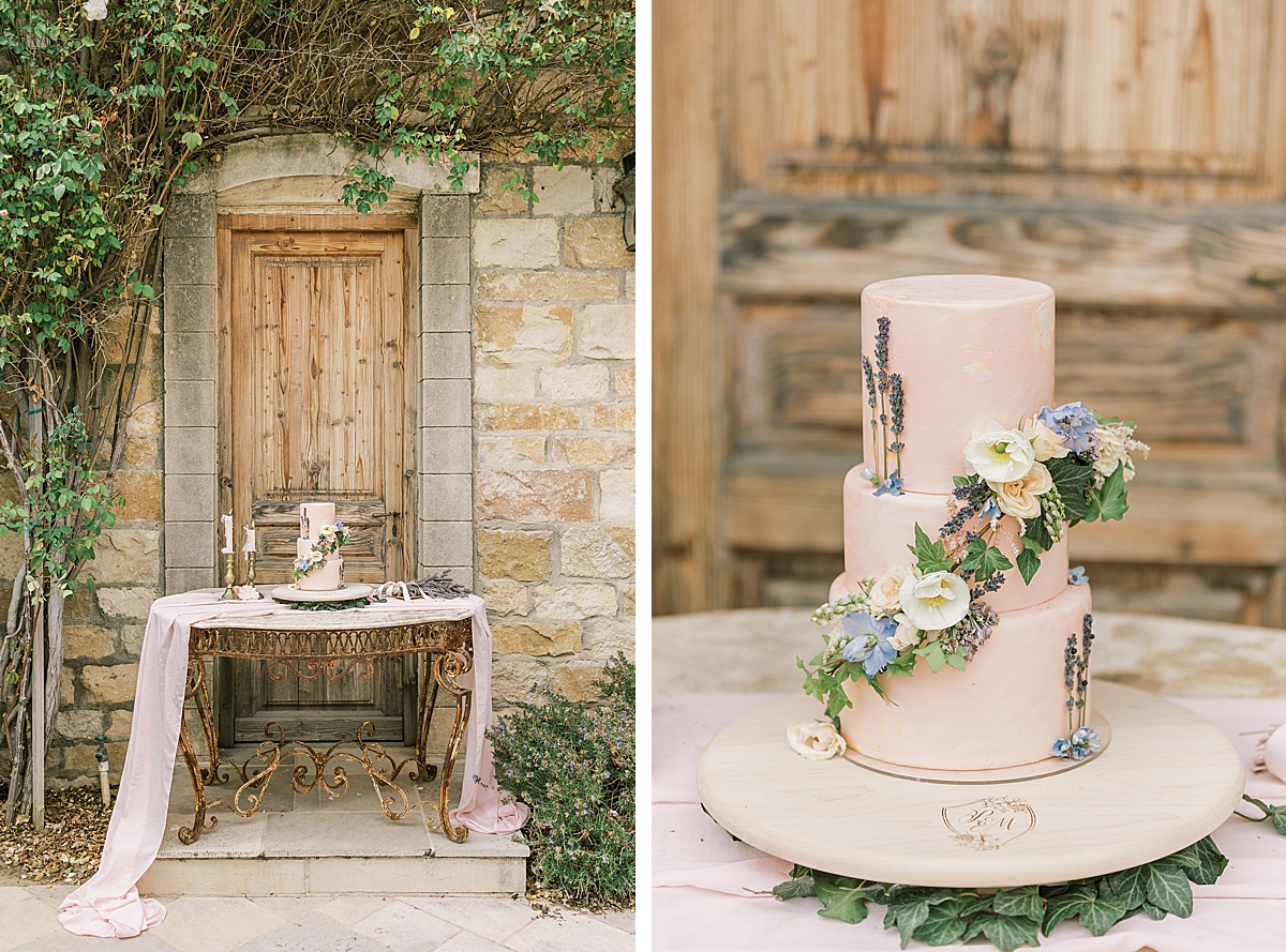 The couple's pink three-tiered cake at their sunstone winery wedding
