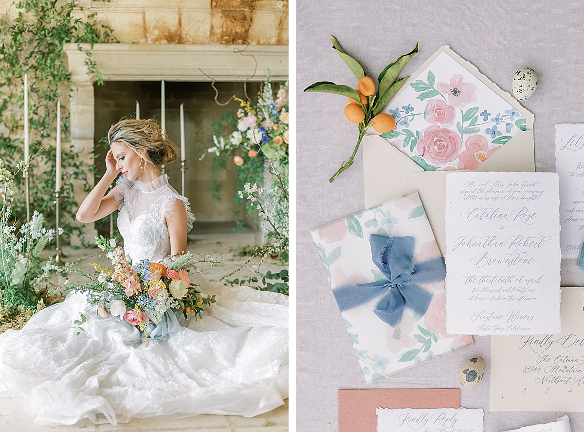 The bride seated on the ground in front of the ceremony altar with florals all around her and her dress spread out to show off the many layers. A second image of the couple's invitation suite at their Santa Ynez Wedding