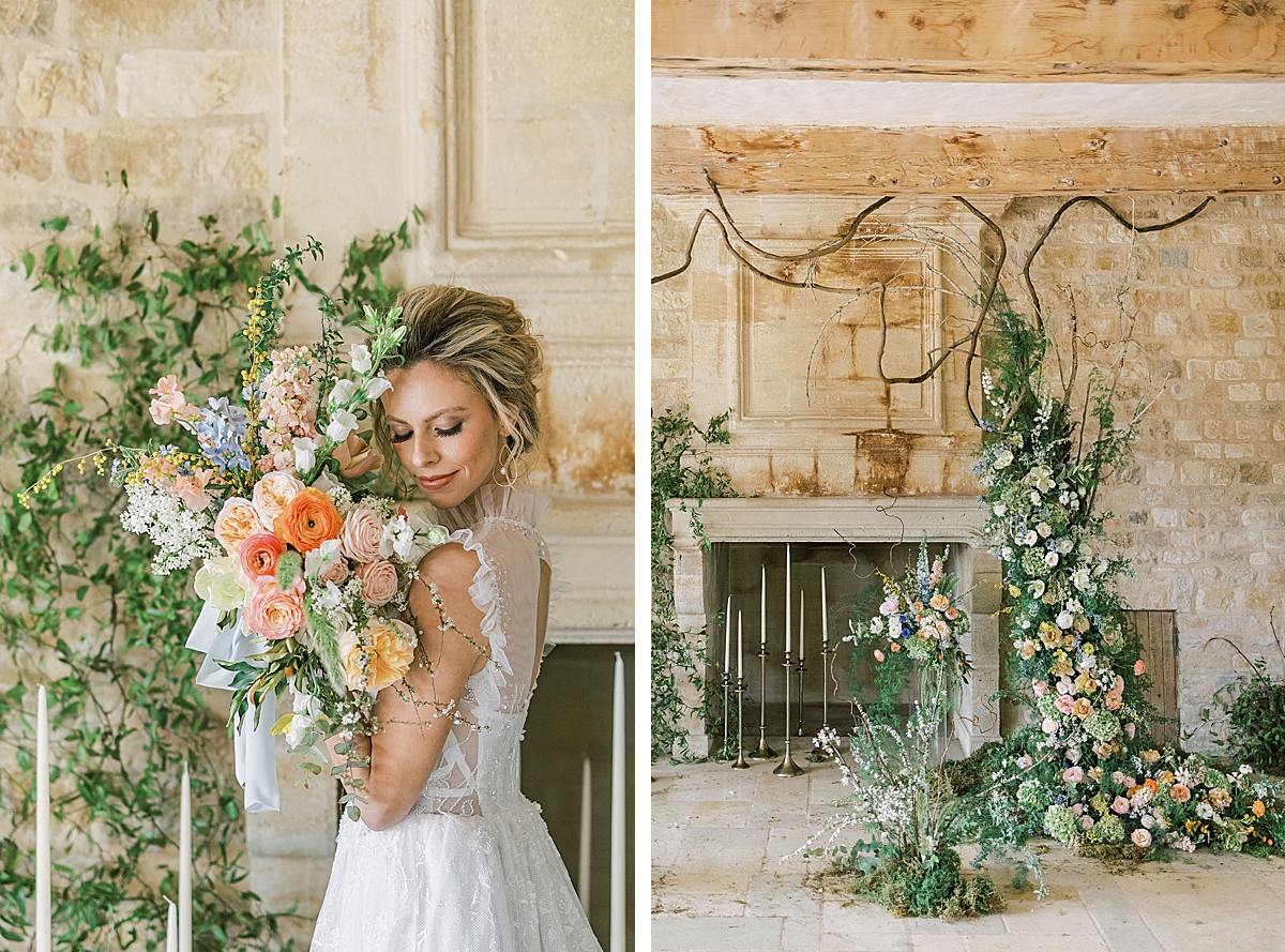 The bride holding her florals to her cheek and smiling for a photo. A second image of the ceremony altar and fireplace.